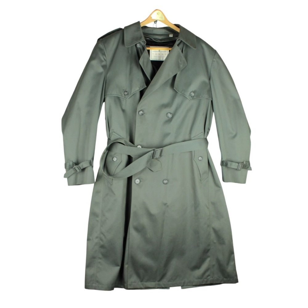 Vintage Towne London Fog Trench Coat Removable Liner Belted 44 Green Pockets